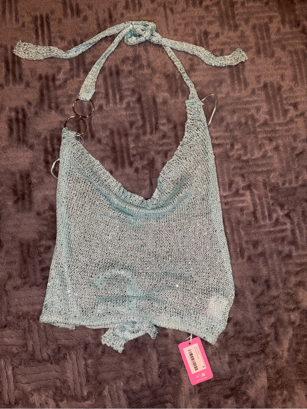 Edikted Sheer Light Blue Knit Halter Top with Ring Detail